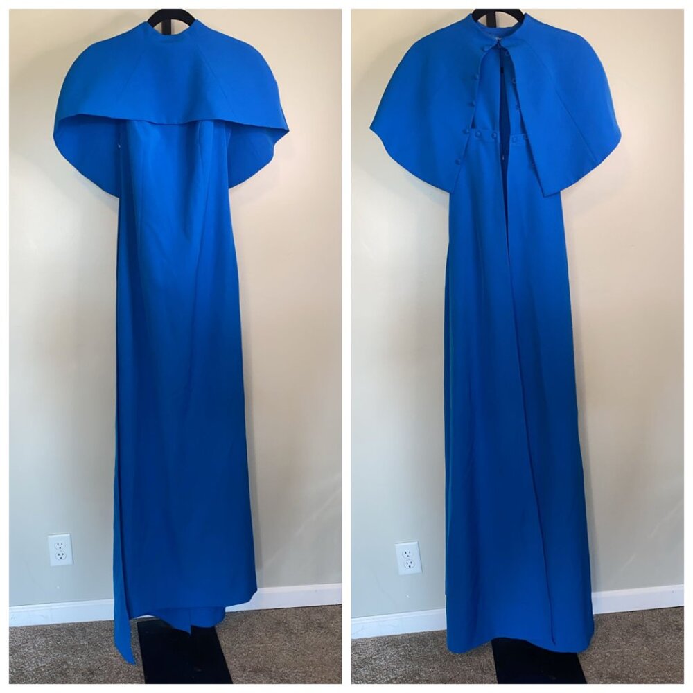 Teri Jon by Rickie Freeman blue collared cape dress - Picture 2 of 16